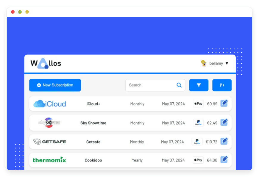 Wallos tracks every subscription, renewal date and monthly spend on data you own — self-hosted, managed at €9/month, no account linking required.